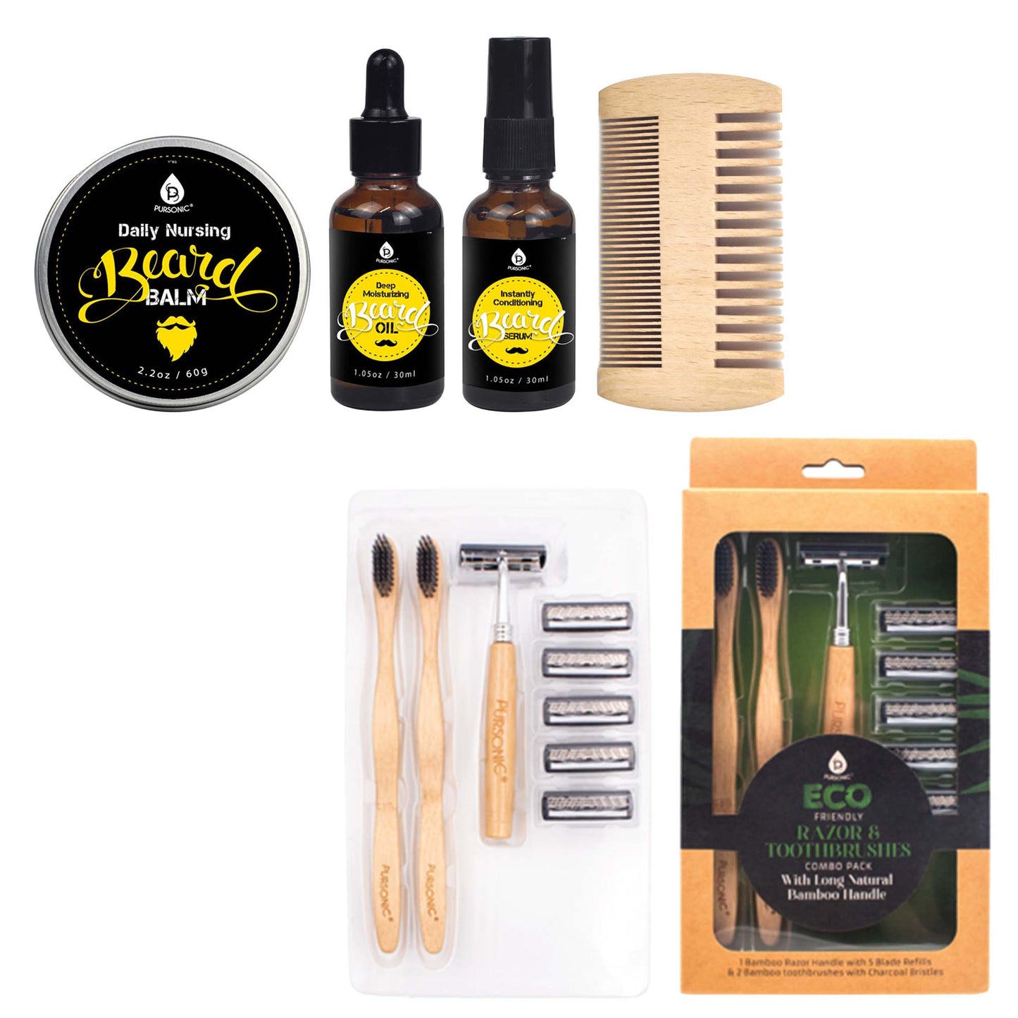 Pursonic Beard Care Grooming Kit & Eco Friendly Razor + Toothbrushes Combo Pack-0